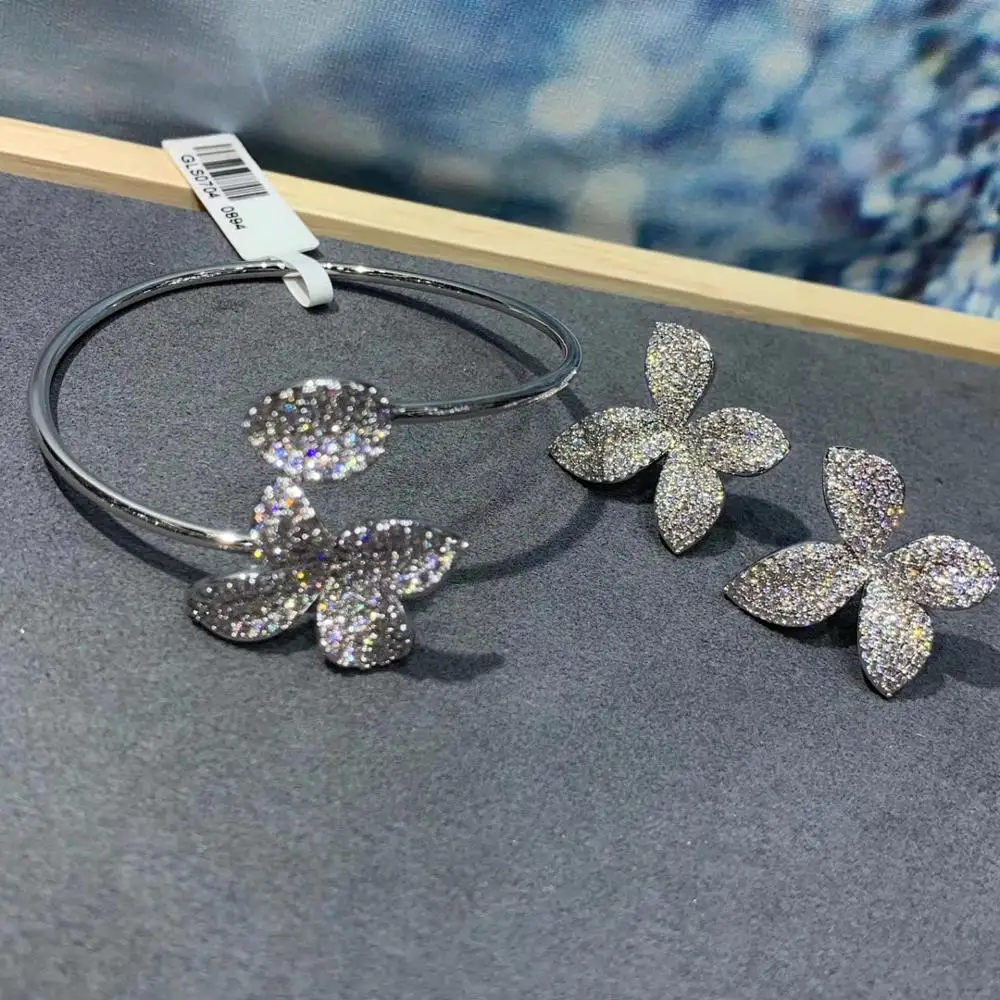 Trendy Spring Butterfly Bangle Earring Set For Women Wedding Party CZ Cubic Zirconia Earring High-End Jewelry S0704