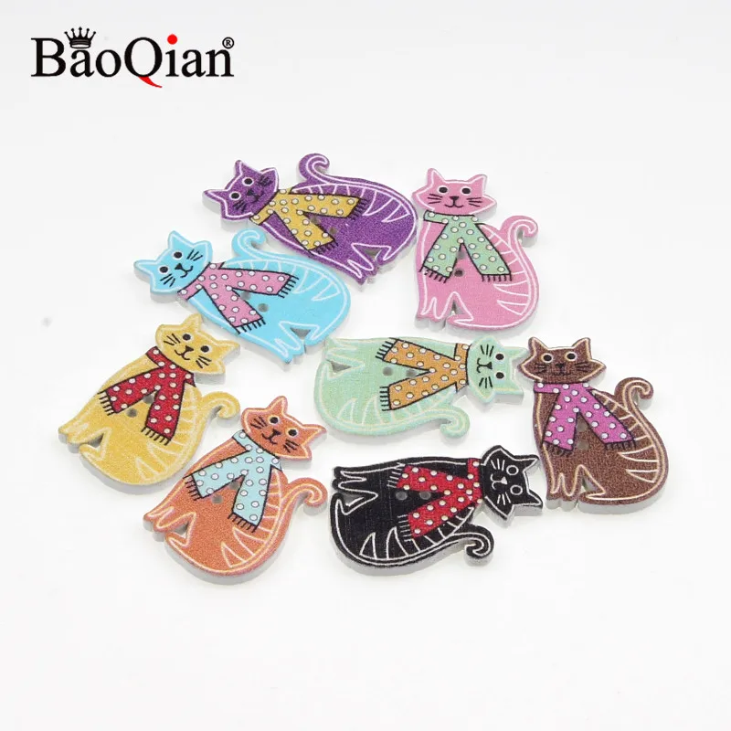 50Pcs Mixed Cat Wood Sewing Buttons For Kids Clothes Scrapbooking Decorative Crafts Botones Needlework DIY Accessories 20x30mm