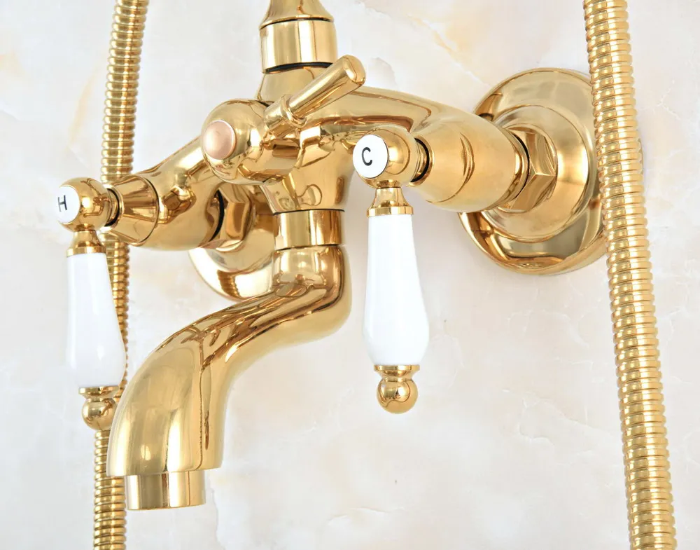 الفاخرة مصقول الذهب اللون النحاس الحمام الحائط قدم مخلبية حوض صنبور الصنابير مجموعة مع باليد دش رئيس رذاذ mna822 #4