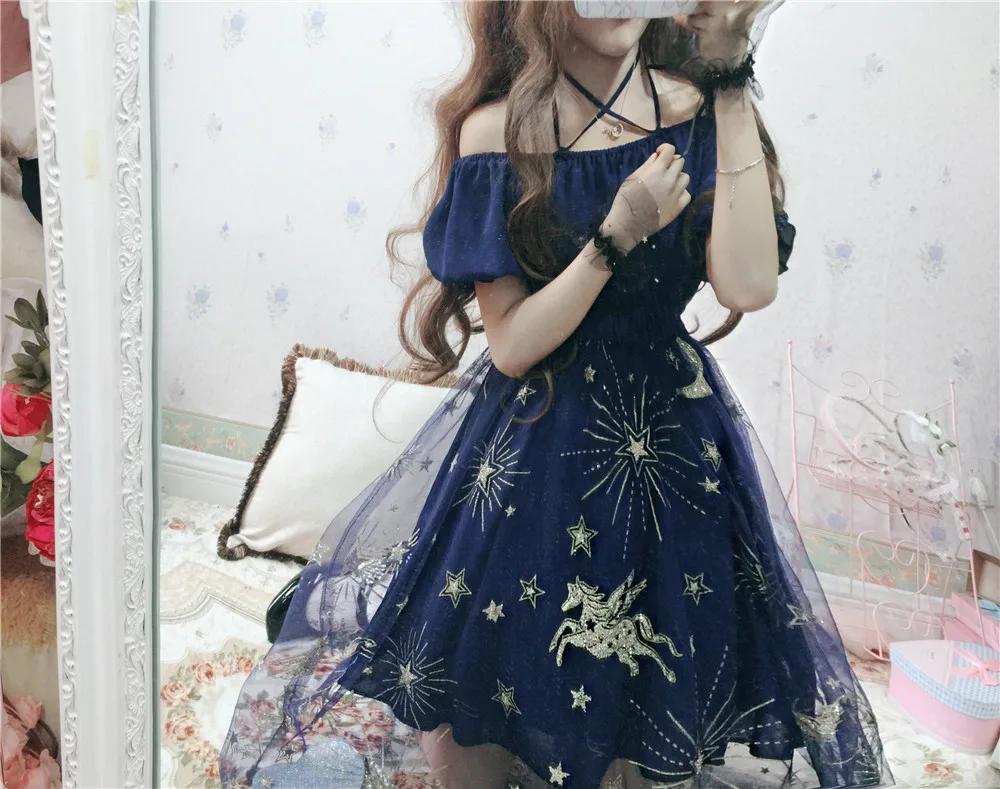 Lolita star sky mesh verband square neck kleid spitze bowknot nette druck viktorianischen kleid kawaii mädchen gothic lolita op loli cos