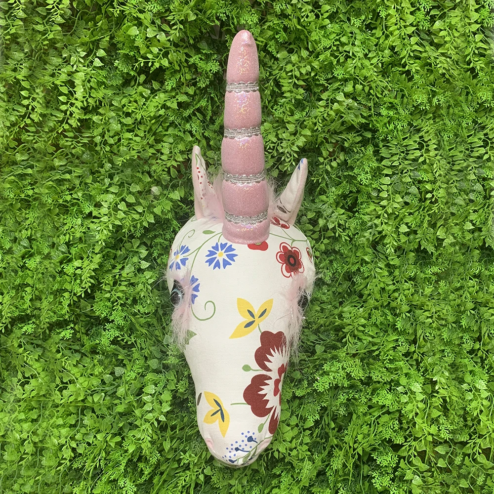 Wholesale ins style stuffed animal abstract unicorn head for wall decoration printed animal head of kids bedroom