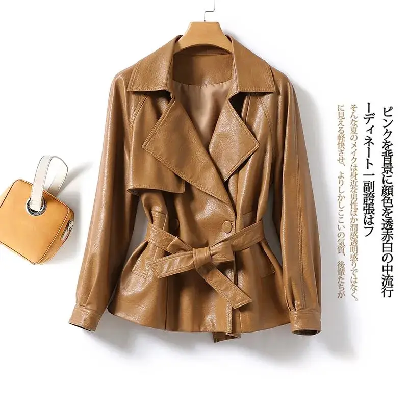 Black Leather Jacket Women 2022 Spring Autumn New PU Ladies Leather Windbreaker Fashion Belt Jackets Outerwear Short Coat Female