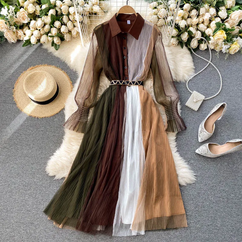 

Women Design Splice Mesh Dress Retro Turn-down Collar Puff Sleeve Button A-line Dress Autumn Fashion Streetwear Dress