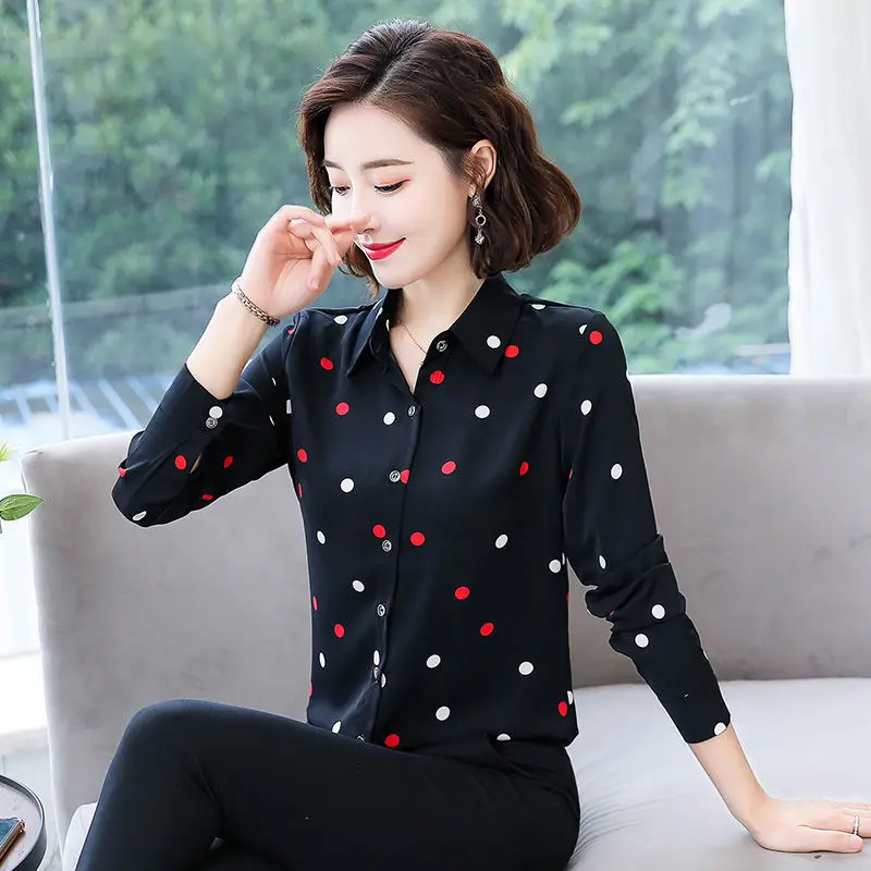 Wave Dot Printed Chiffon Shirt Women's Long Sleeve 2021 Spring And Autumn New Korean Style Foreign Thin Bottomed