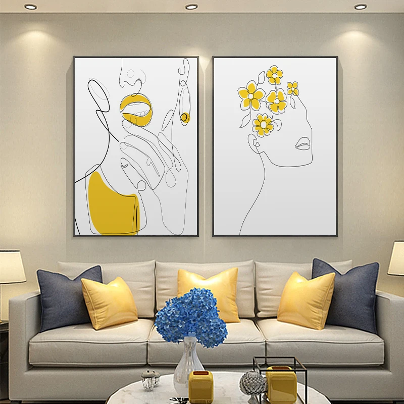 

Abstract Girl Line Drawing Yellow Graffiti Picture Wall Art Poster and Print Canvas Painting for Living Room Modern Home Decor