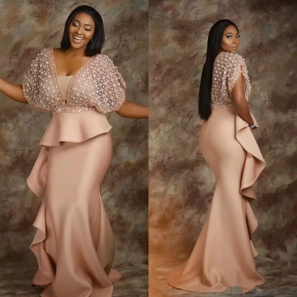 Perle Rosa Spitze Abendkleider 2020 Afrikanische Saudi-arabien Formale Kleid Für Frauen Mantel Prom Kleider Promi Robe De Soiree