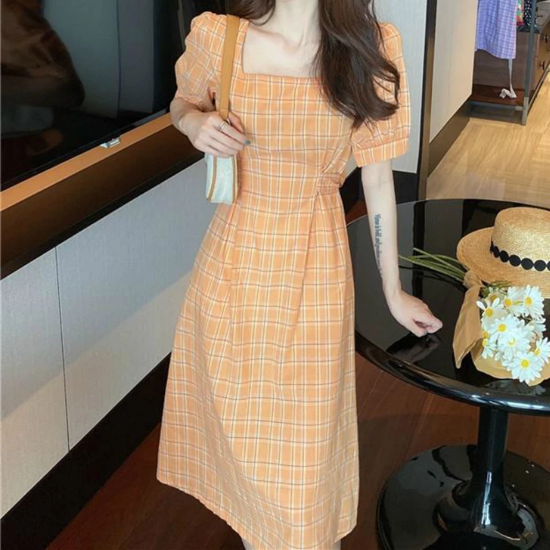 

Dress Women Orange Fresh Summer High Waist Retro Plaid Temperament Vacation Female Midi Dresses Trendy Casual Vintage Clothes