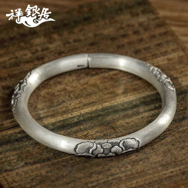 ★Original design peony cylindrical solid hand-made fine silver 999 sterling silver bracelet female silver private custom