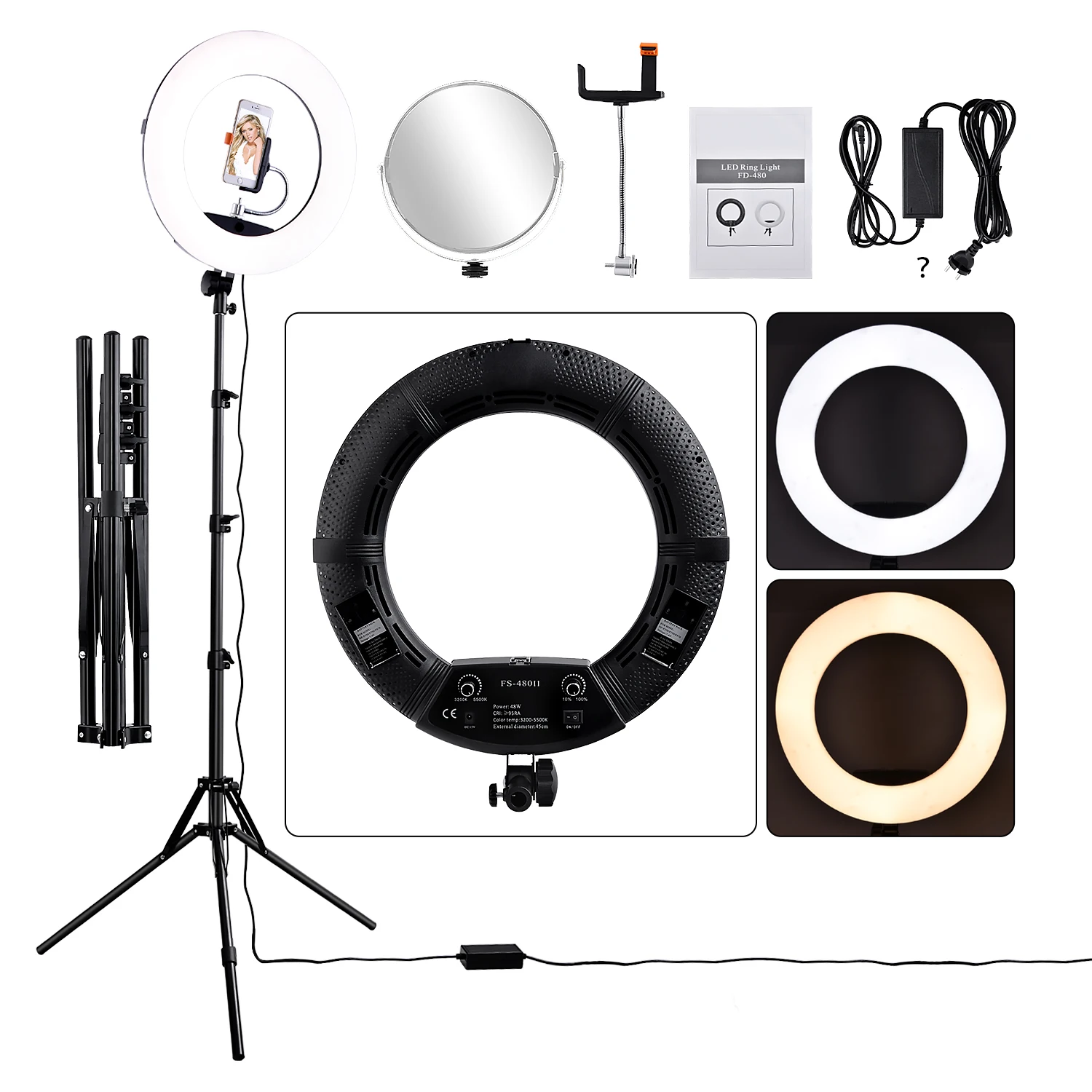 

Fusitu FS-480II 18 Inch Led Ring Light Photography Light Ring Lamp With Mirror Ringlight Tripod For Phone Makeup Youtube Tiktok