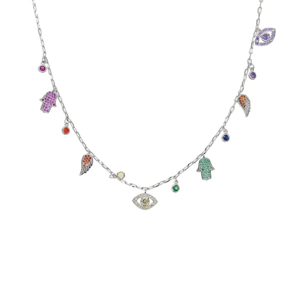 New sexy women jewelry lucky hamsa hand evil eye cham necklaces silver color paved cz jewelry necklace
