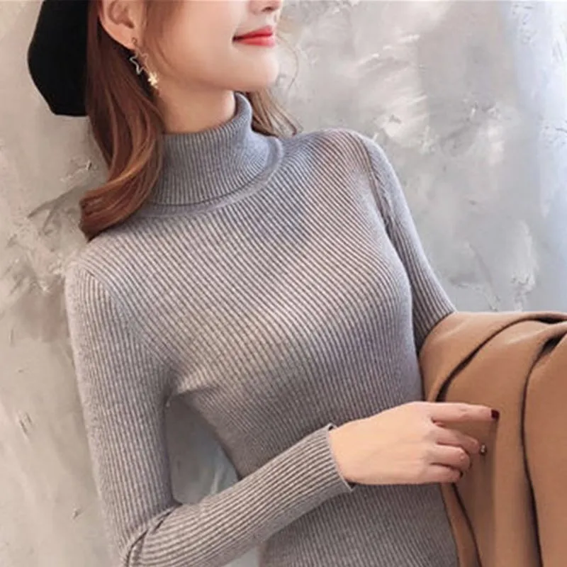 Maglione 14 colori donna 2019 primavera autunno maglia a coste Pullover manica lunga dolcevita maglione sottile morbido caldo Pull Femme