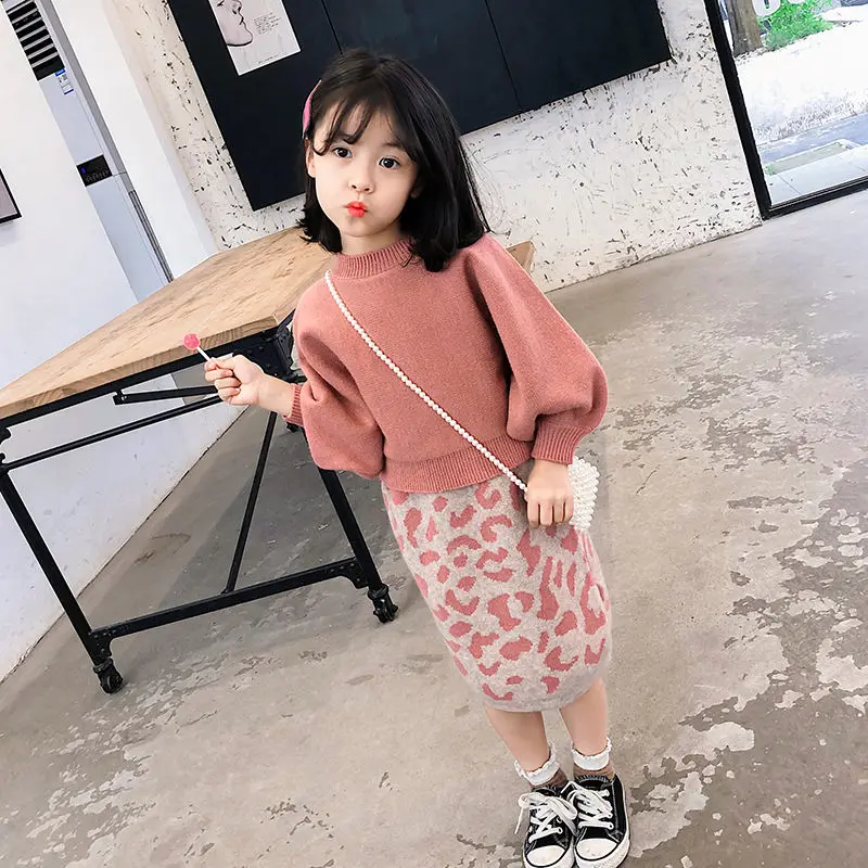 2021 Baby Girl fashion clothing set knitted sweater+leopard skirt Kids autumn Winter solft sweaters suits Children Clothes