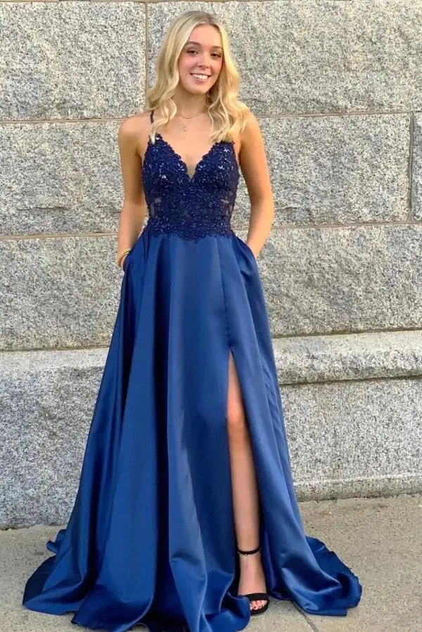 Royal Blue Prom Dresses New Sexy High Thigh Split Spaghetti Strap Appliques Illusion Top A Line Evening Gowns robe de soirée de