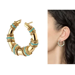 Gold color blue turquoises stone geometric round circle big horn crescent moon stud earring