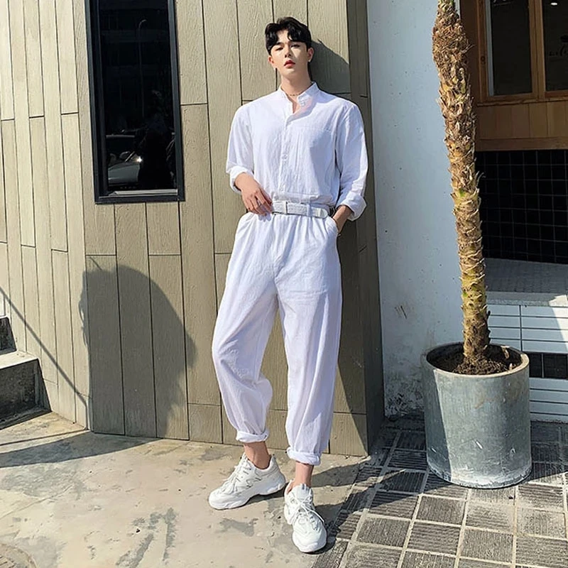 Men's Jumpsuit Spring And Autumn New Korean Fashion Youth Simple Pure Color Hair Stylist Casual Loose Large Size Jumpsuit