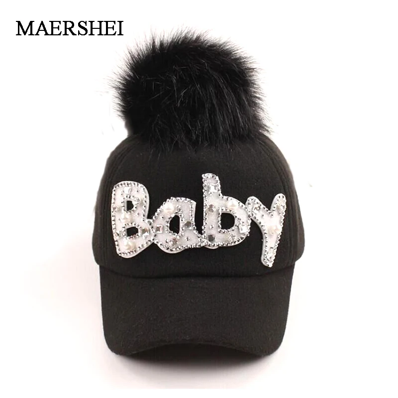 Baseball Cap Boys Girls solid snapback Caps Child Hip Hop  Wool fur hair ball kids Winter Hat