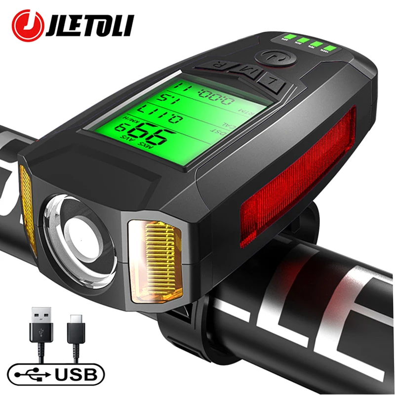 

Велосипесветильник фонарь JLETOLI, аккумуляторная головка с USB, водонепроницаемая подсветка, умный секундомер, Противоугонный велосипедный фонарь с гудком