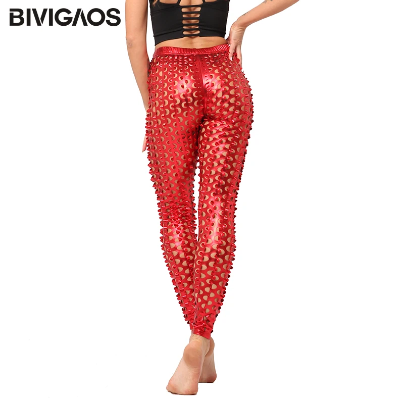 BIVIGAOS kobiety Sexy legginsy Rock Style metalowe otwory jasne Faux skórzane legginsy rybie łuski legginsy gotyckie legginsy damskie