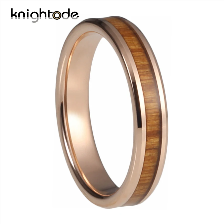 

4mm Tungsten Carbide Ring Vintage Koa Wood Inlay For Women Men Wedding Band Beveled Edges Polished Comfort Fit