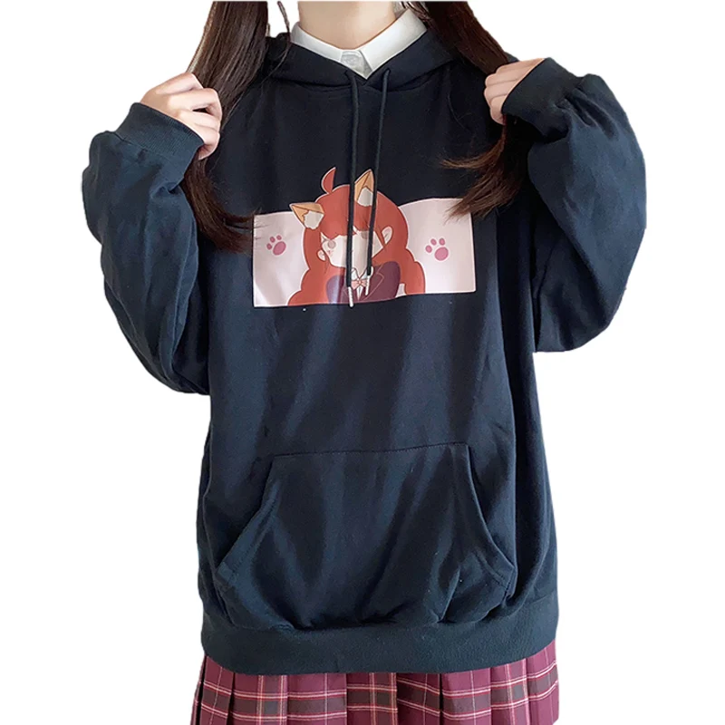 

Harajuku Kawaii Anime Graphic Hoodie Teens Black Cute Cartoon Cat Girl Print Vintage Sweatshirt Women 2021 Korean Blue Pullover