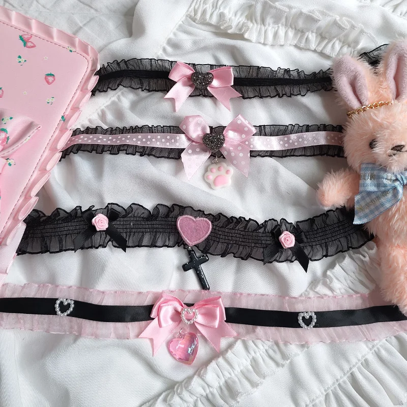 Handmade Black Sweet Girl Pink Black Collar Cute Sweet Lolita Cat's Paw Cross Necklace