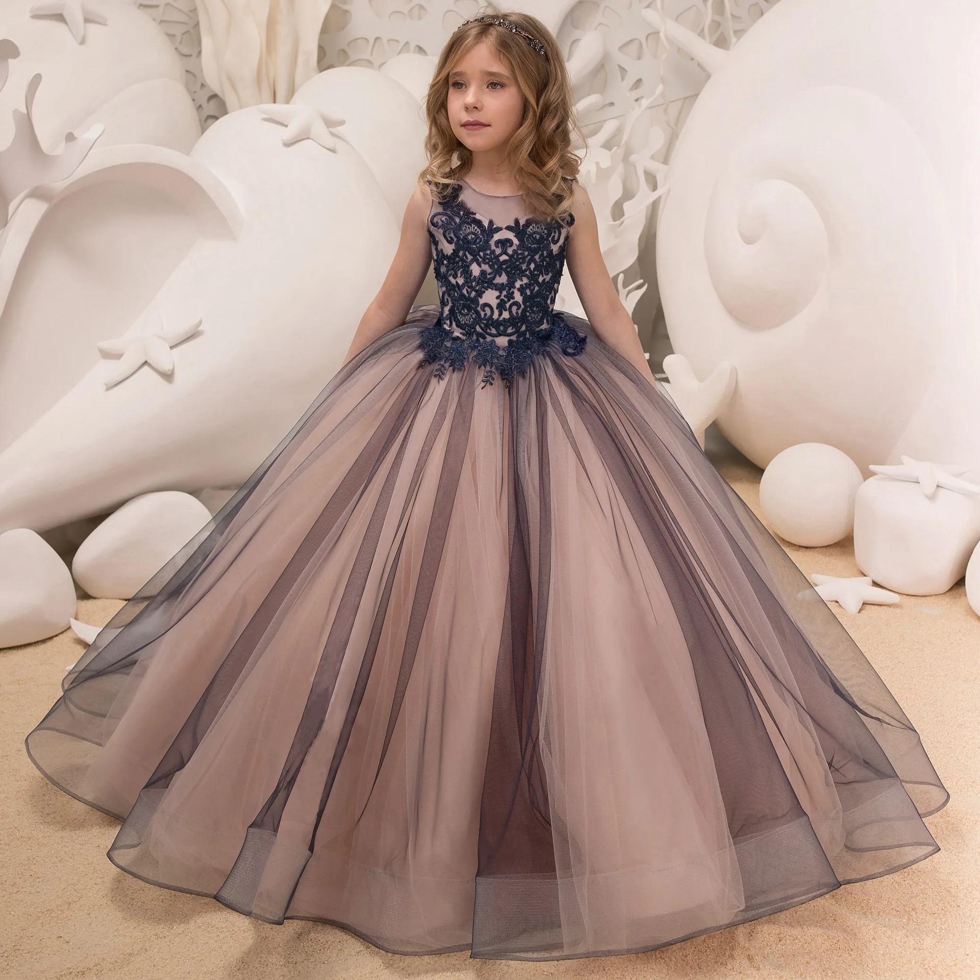 Robes de demoiselle d'honneur noires pour mariage, robe de bal en Tulle avec des Appliques, longues robes de première Communion pour petite fille