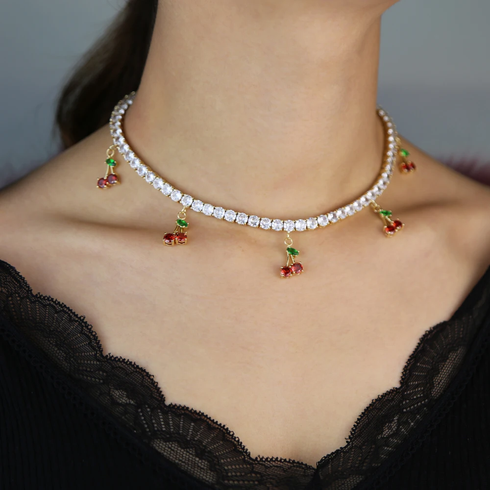 Promotion new 2025 summer new cute cherry charm clear cz tennis chain choker women necklace 32+10cm