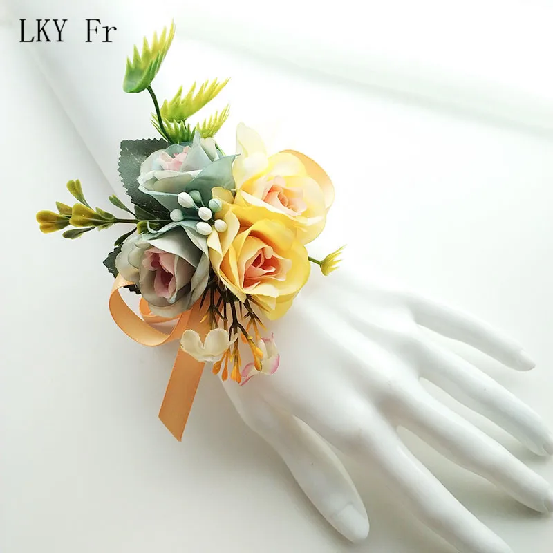 Lky Fr Wedding Boutonniere Bruidegom Broche Bloemen Kunstmatige Rozen Armband Voor Bruid Corsage Pinnen Huwelijk Bruiloft Mannen Knoopsgat