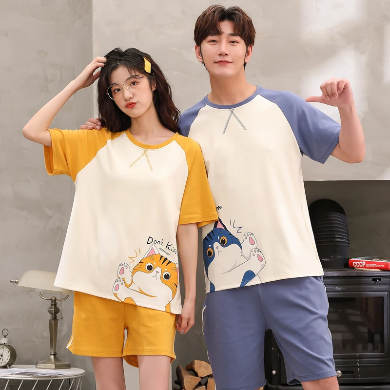 Summer Knitted Cotton Couple Pajamas Set Short Sleeve Round Neck Cartoon Loose Soft M-3XL Lovers Nighty Homewear