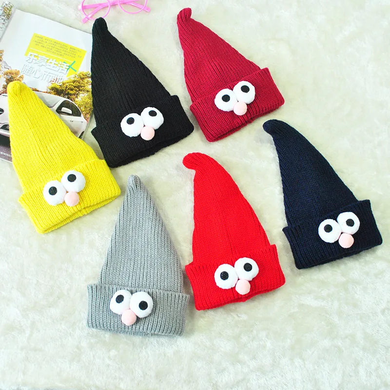 Winter Boy Girl Big Eye Pointed Knitted Caps Cute Cartoon Crochet Baby Hat Kids Bonnet