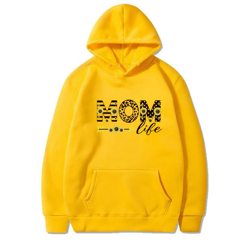 

Fall 2020 Women Clothing Fleece Hoodies with Pocket Letter Printing Sweatshirt Women Mom Life Sunflower Long-Sleeved Hooded