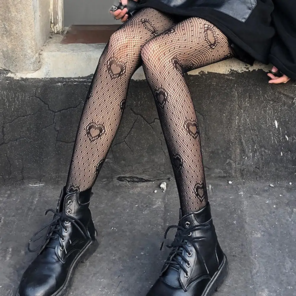 

Sexy Stockings Women Heart Pattern See Through Spring Autumn Leggings Black Hollow Out Stretchy Pantyhose Clubwear 2021