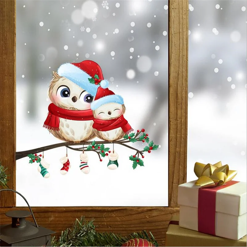 

Christmas-dressed Owl On A Tree Branch Wall Stickers Window Xmas Diy Self-adhesive Stickers Shop Stickers Decoration New Year