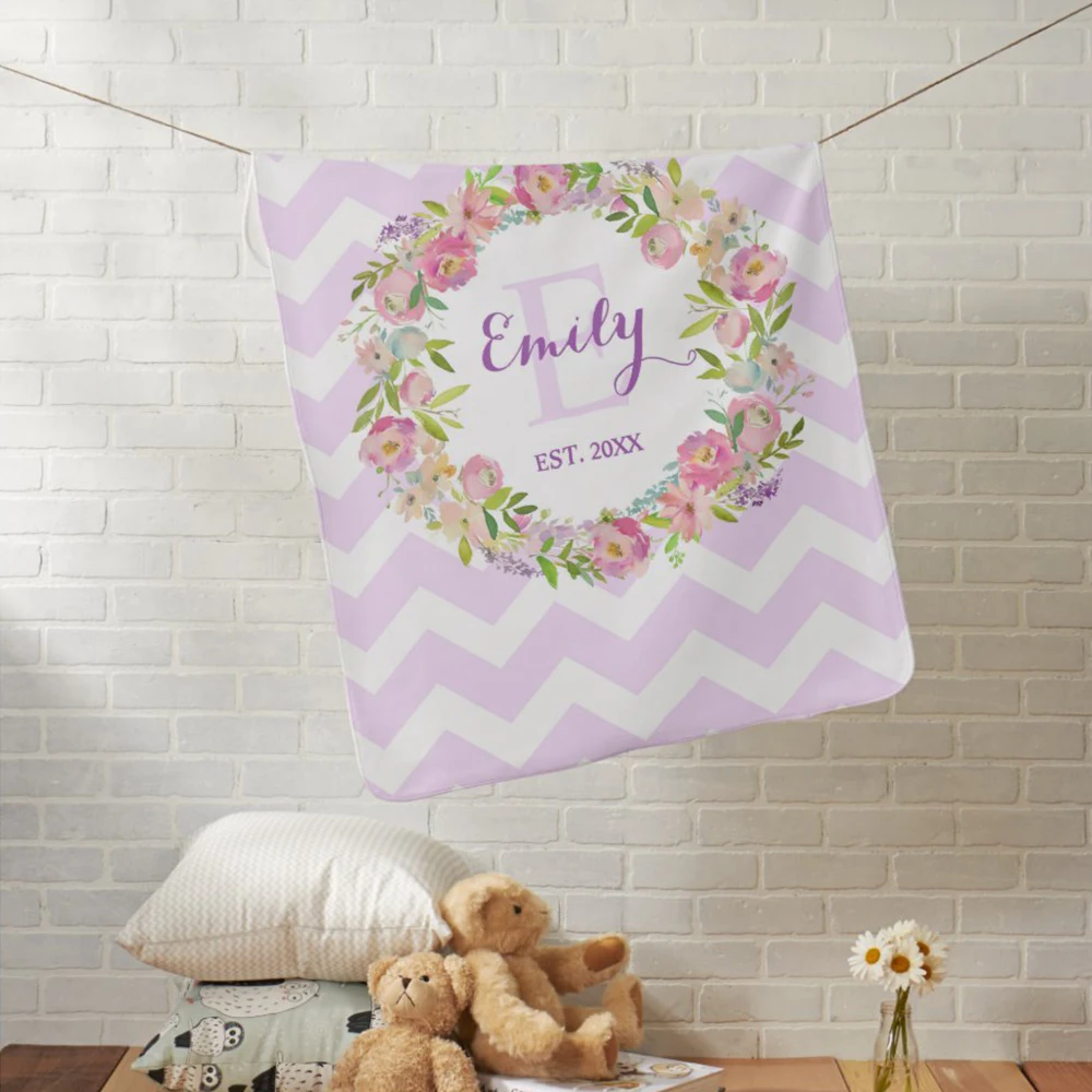 LVYZIHO Baby Blanket Custom Name Stripe Flower Baby Girl/Boy Blanket - 30x40 / 48x60 / 60x80 Inches - Fleece Blanket