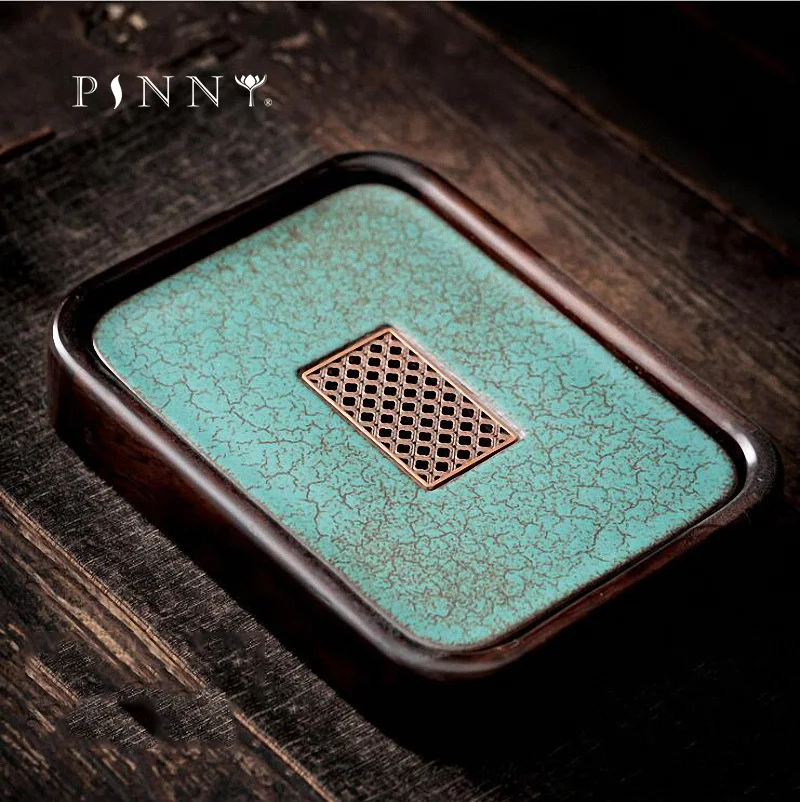 

PINNY Turquoise Glaze Ceramic Ebony Tea Tray Chinese Kung Fu Tea Accessories Retro Tea Ceremony Table