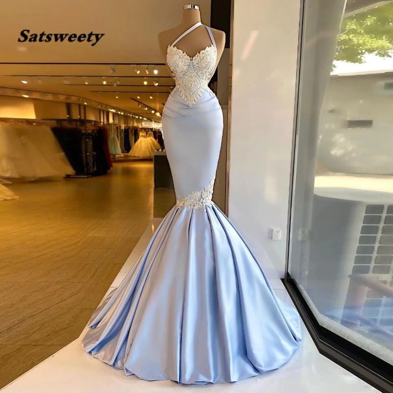 Light Sky Blue Mermaid Avondjurken Kant Applicaties Cross Bandjes Satijn Floor Lengte Prom Dresses Zipper Terug Formele Party Dress