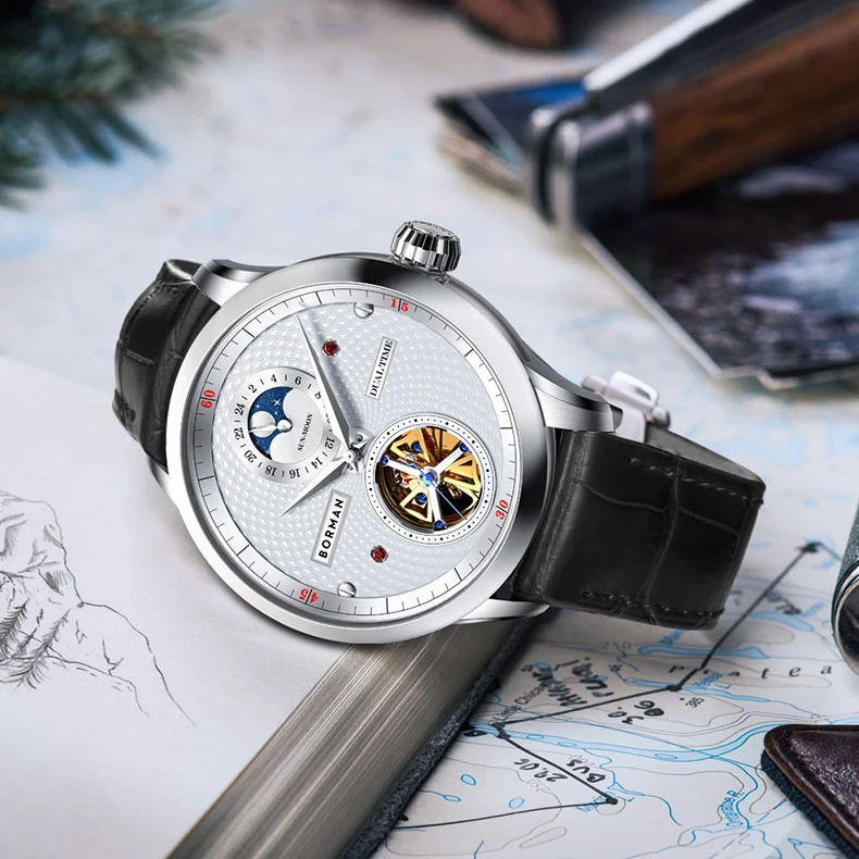 بورمان الرجال ساعة معصم رجالي ساعات أوتوماتيكية فاخرة الميكانيكية ساعة اليد 50 متر مقاوم للماء الهيكل العظمي الياقوت مرآة حزام من الجلد
