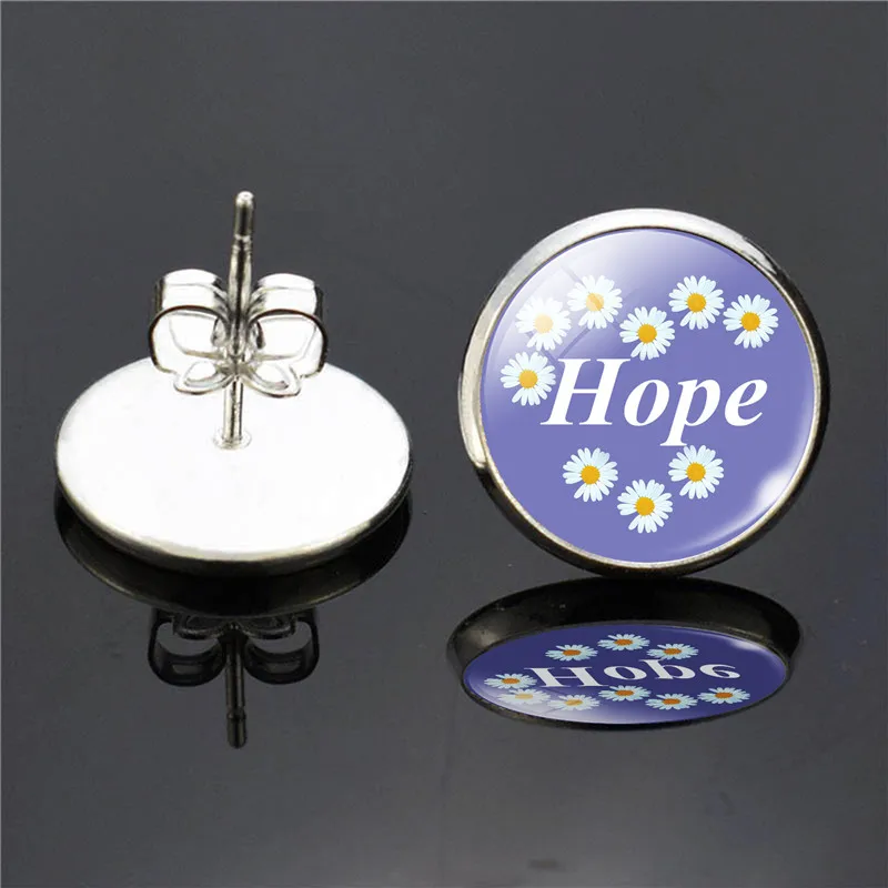 Daisy Pattern Stud Earrings Glass Cabochon Cute Flower Love Hope Princess Letters Earrings Fashion Women Gift