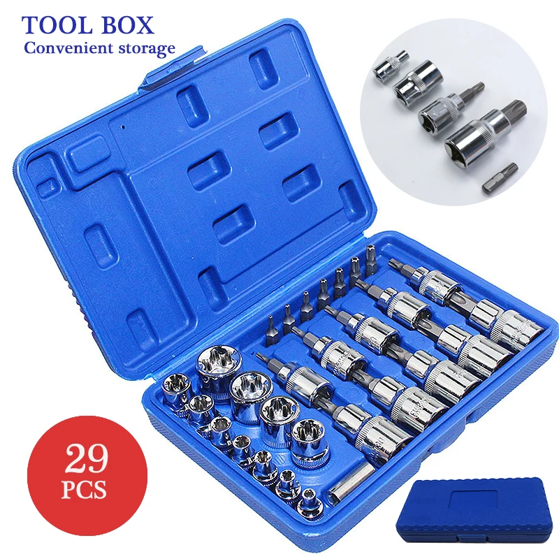 New 29pcs Male & Female Torx Star Sockets with Bits Set E & T Home Tools Kit