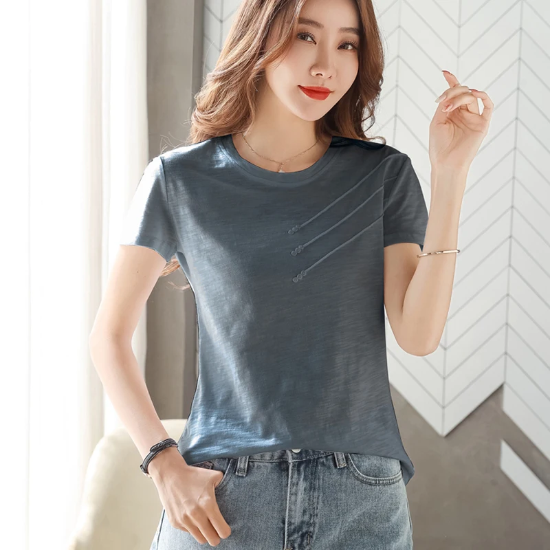 T Shirt Women Cotton Short Sleeve 2022 Summer Top Korean Clothes Woman Loose Casual O-Neck T Shirts Button Tee Shirt Camisetas