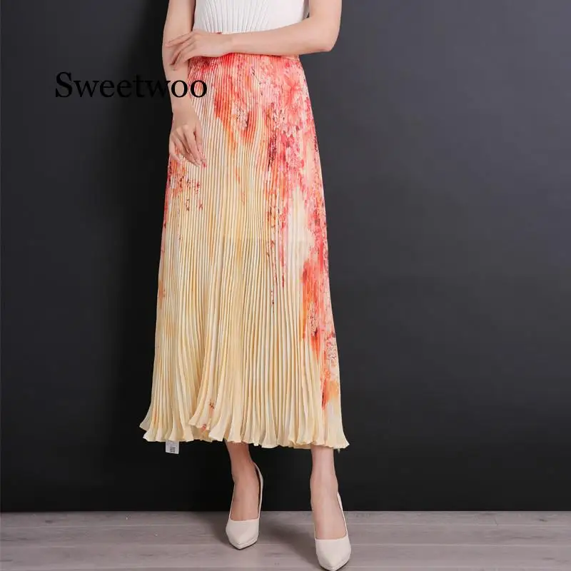 New Fashion Summer Women Skirt Print Long Pleated Skirts Womens Long Vintage Women Elegant Pleated Skirt