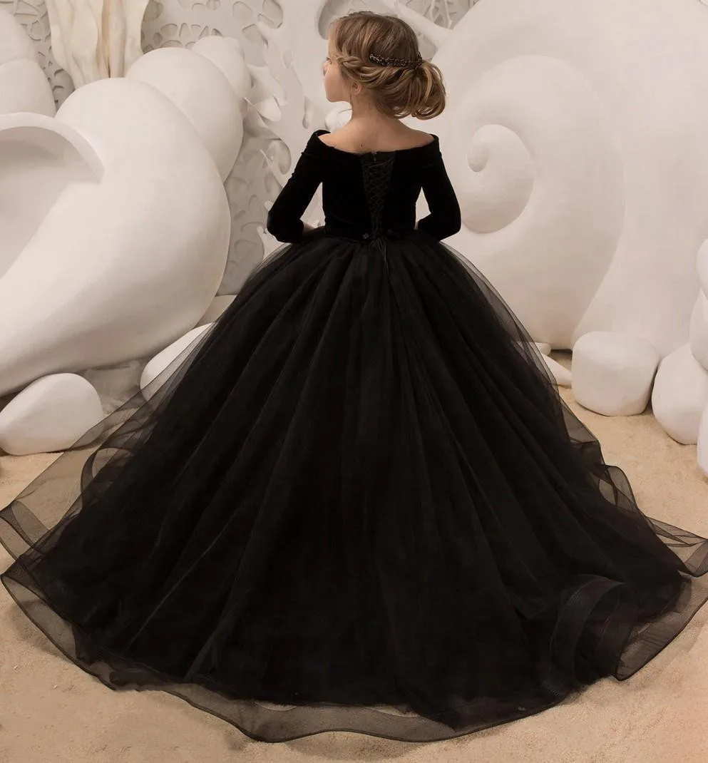 2022 preto princesa vestido de baile crianças pageant vestido com meia mangas elegantes para meninas com idade 5 -14 anos robe de soirée de mariage