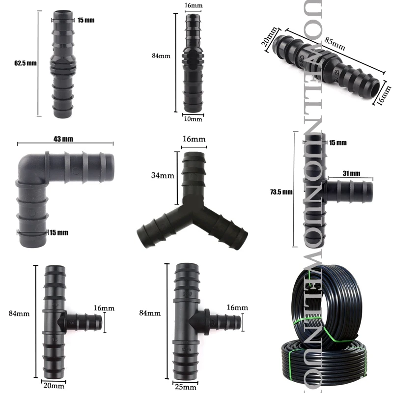 PE tubos conectores para jardim rega mangueira, conector reto, acessórios de irrigação agrícola, adaptador redutor, 16 a 20, 25mm, 5pcs