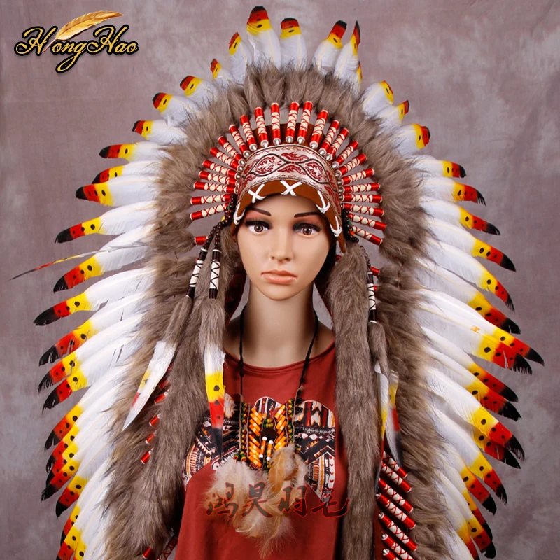 long Indian Feather headdress handmade red and black feather costumes handmade indian feather headdress war bonnet hat costumes