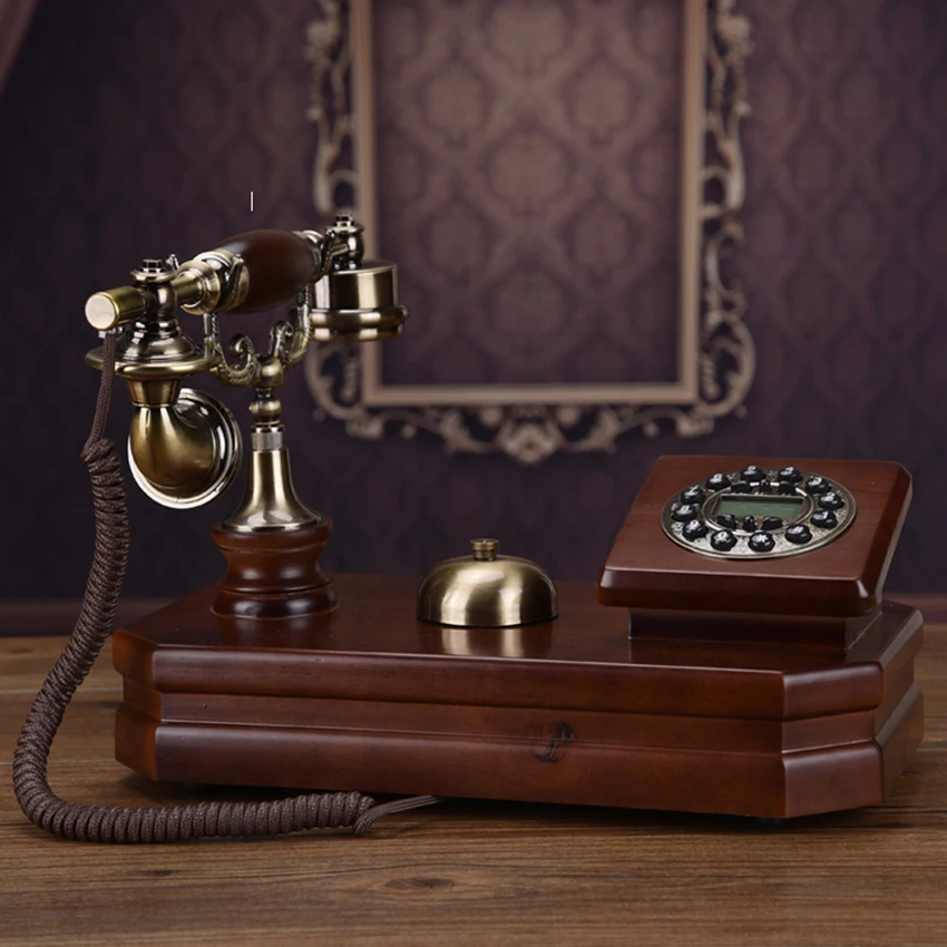 Wooden Retro Desk Phone Vintage Single Landline Telephone with Push Button Numbers, Caller ID, Decoration Telephone for Home