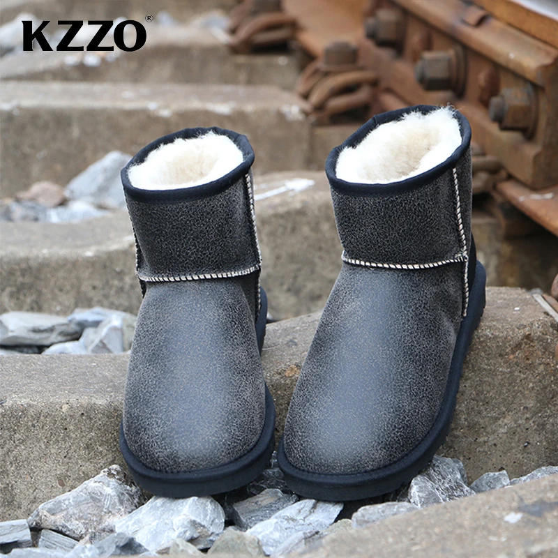 KZZO Real Sheepskin Men\'s Snow Boots Australian Classic Natural Fur Wool Lined Short Ankle Winter Warm Shoes Non-slip Waterproof