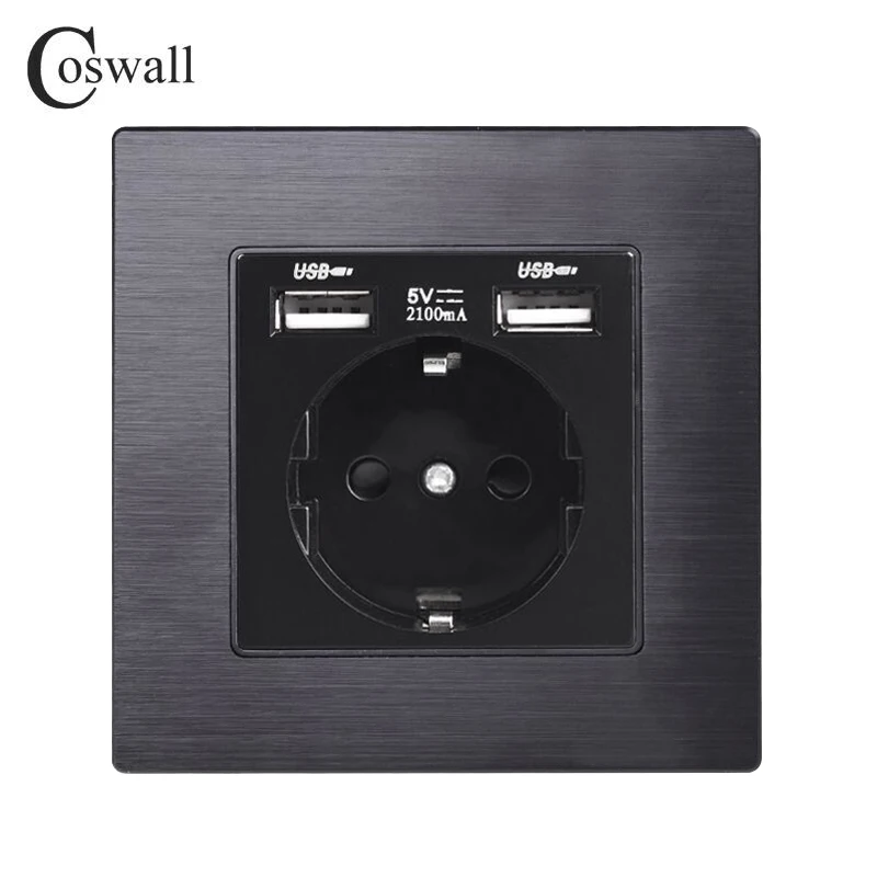 COSWALL 1/2/3/4 Gang 1/2 Way On / Off Rocker Key Wall Light Switch With Blue Backlight EU Socket Black Aluminum Metal Panel