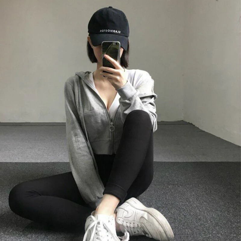 With Hat Hoodies Women Spring Crop Top Solid Zip-up Zippers Ins Simple Leisure Loose Womens Outwears Hooded Jogger Korean Daily