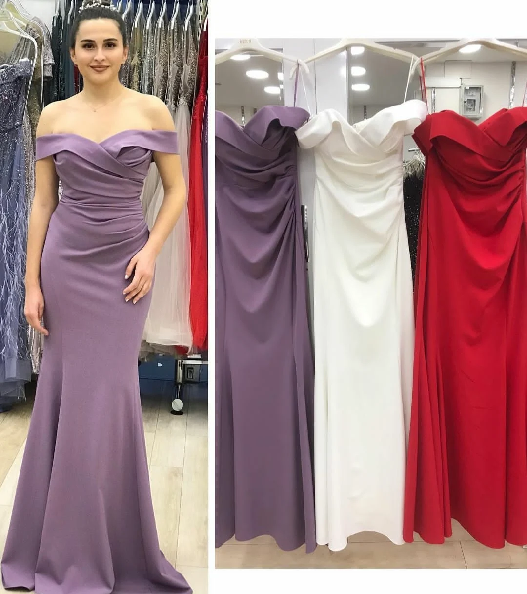 

Customized Long Purple Satin Pleated Prom Dresses Off Shoulder Lace Up Back Robe De Soiree Floor Length Formal Party Gown