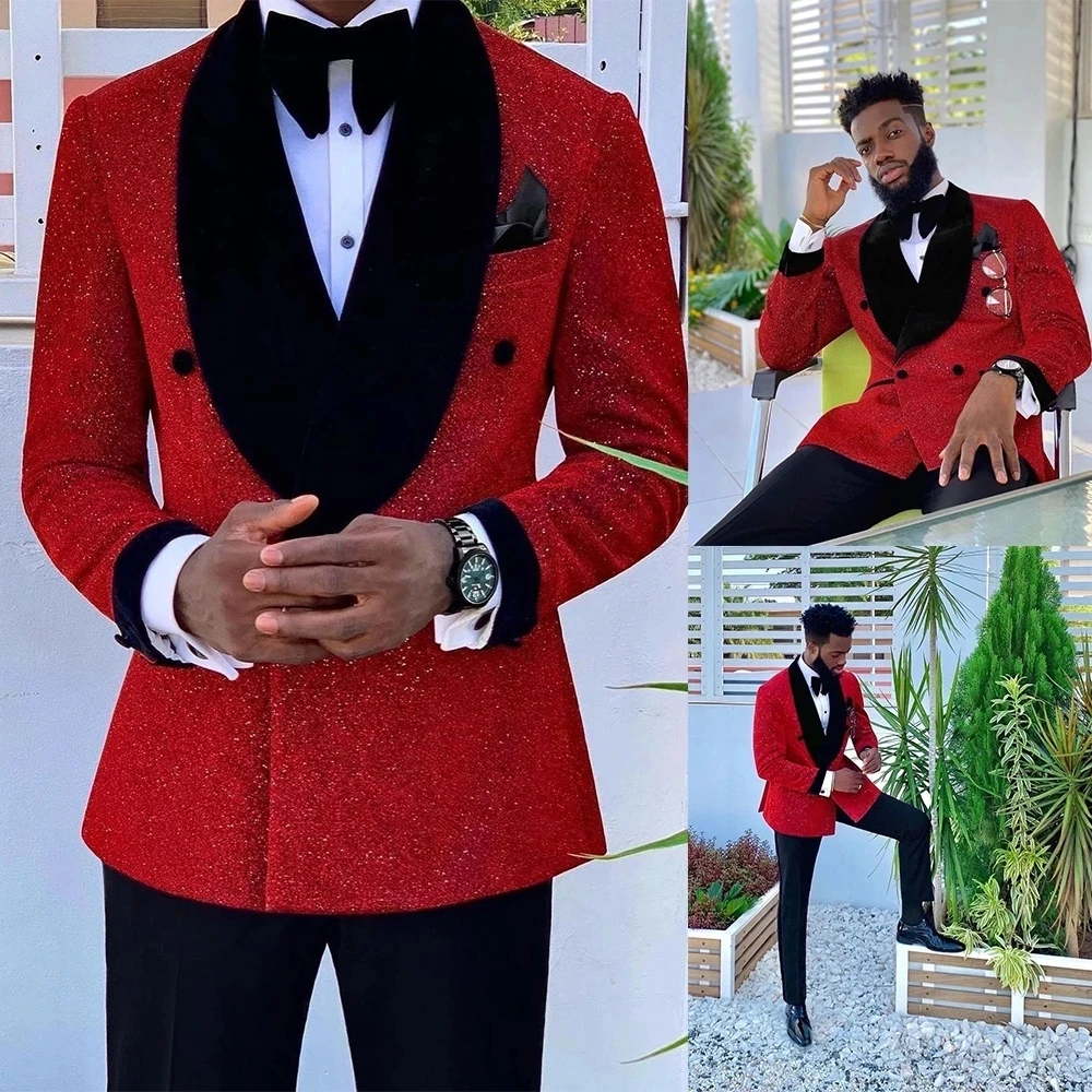 

Red Glitter Sequins Suits Men Groom Wedding Tuxedo Double Breasted Blazer Formal Business Prom Dress 2 Pieces Set Party Clothes